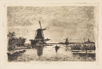 Landscape with two mills and a rowboat, The Netherlands, Elias Stark, 1886