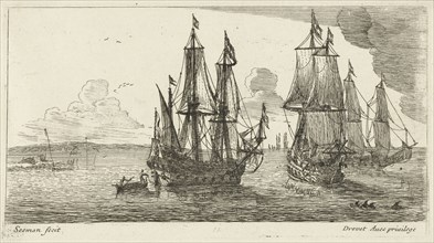Three merchant ships off the coast, Anonymous, Pierre Drevet, 1650 - 1738