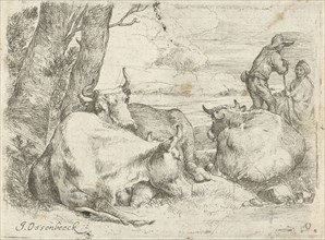 Three cows and two shepherds, Jan van Ossenbeeck, 1647 - 1674