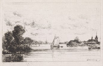 Sailing vessel near a village, print maker: Gijsbertus Johannes Verspuy, 1857