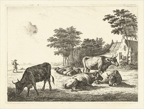 Cows and sheep lying in meadow before a farm, John of Cuylenburgh, 1820