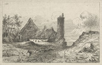 Landscape with farm and tower, Jan Baptiste De Jonghe, 1828