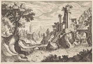 River landscape with ruins, Monogrammist HSV, Justus Sadeler, 1595 - 1625