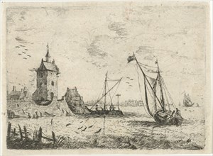 Harbour scene with a watchtower, Bonaventura Peeters (I), 1624 - 1652