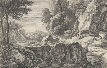 Landscape with small waterfall, Herman van Swanevelt, 1643 - 1655