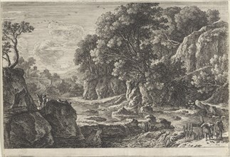 River Landscape with two fishermen, print maker: Herman van Swanevelt, 1643 - 1655