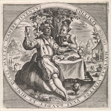 October: couple drinking wine, Anonymous, Crispijn van de Passe (I), Maerten de Vos, 1574 - 1687