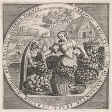 August: Fruit Vendor, Anonymous, Crispijn van de Passe (I), Maerten de Vos, 1574 - 1687