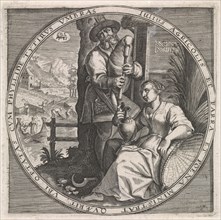 July: piper and woman with jug, Anonymous, Crispijn van de Passe (I), Maerten de Vos, 1574 - 1687