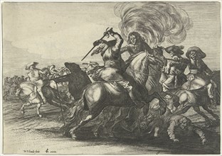 Battlefield Scene with riders fighting, Willem van de Lande, Claes Jansz. Visscher (II), 1635 -