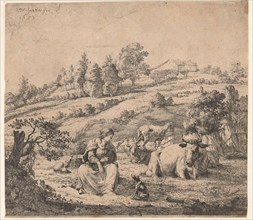 Hill landscape with shepherd dog near a resting flock, print maker: Karel Dujardin, 1653