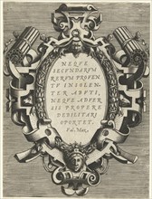 Oval cartouche with a quote from Valerius Maximus, print maker: Frans Huys, Hans Vredeman de Vries,