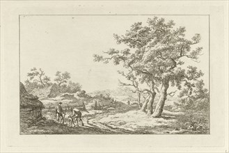 Hunters with a dog on a path, print maker: Carel Lodewijk Hansen, c. 1780 - 1840
