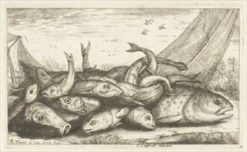 Fishes on the grass, print maker: Albert Flamen, Jacques Lagniet, Lodewijk XIV koning van