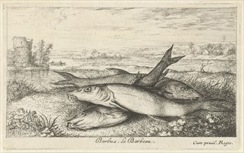Three barbs on a riverbank, Albert Flamen, Jacques van Merlen, Lodewijk XIV (koning van Frankrijk),