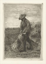 Man binds sheaf on field with corn, Johanna HenriÃ«tte Besier, 1875 - 1944