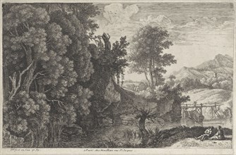 Landscape with a wooden bridge, Herman van Swanevelt, Louis-Joseph Mondhare, 1759 - 1784