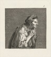 Woman in antique dress, print maker: L. Hachin, Charles Le Brun possibly copy after, 1830
