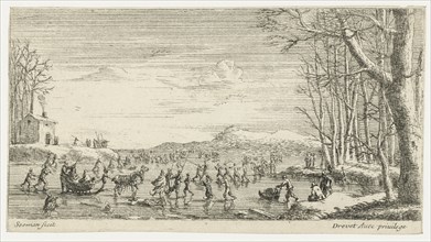 Frozen river with skaters, Anonymous, Pierre Drevet, 1650 - 1738