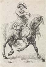Horseman let his horse to fall behind, print maker: Dirk Maas, 1669 - 1717