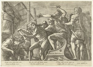 Hercules fights with Geryoneus (?), print maker: Hendrick Goltzius, Francesco Primaticcio,