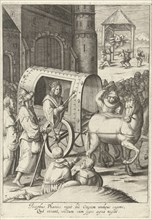 Joseph pulls a wagon across Egypt, Robert de Baudous, Lucas van Leyden, 1591 - 1659