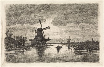 Landscape with two mills and a rowboat, Elias Stark, 1886, print maker: Elias Stark, 1886