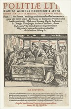 Title print six scholars sitting around a table and text in letterpress, Hans Burgkmair (der