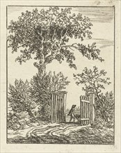 Man with wheelbarrow walking through a fence, Anthonie van den Bos, 1778-1838