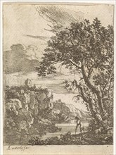 goatherd on the banks of a river, print maker: Anthonie Waterloo attributed to, 1630 - 1663