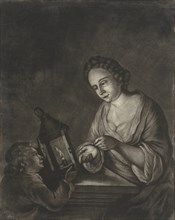 Boy receives money from a woman, print maker: Jacob Hoolaart, 1723 - 1789
