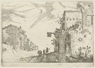Road between ruins, Willem van Nieulandt II, print maker: Anonymous, 1594 - 1685