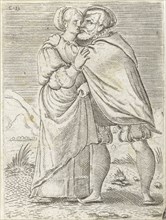 Dancing couple kissing each other, print maker: Cornelis Bos, Anonymous, c. 1537 - c. 1555 and/or