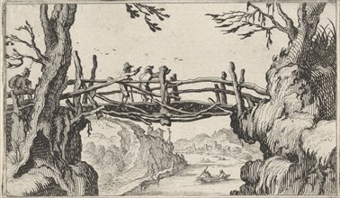 Three hikers on a wooden bridge, print maker: Gillis van Scheyndel I, 1605 - 1653
