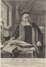 Portrait of Leonard Marius van der Goes in a study, print maker: Theodor Matham, Claes Moeyaert,