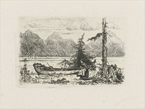 Mountain landscape with a moored boat, Joseph Hartogensis, c. 1837 - 1865