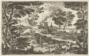Landscape with pedestrians and castle, Adriaen van der Kabel, 1648 - 1705