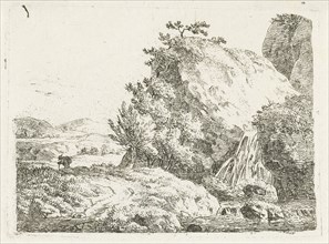 Mountain landscape with waterfall and walker, Frédéric Théodore Faber, 1810 - 1817