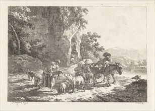 Shepherds with herd near cave, Frédéric Théodore Faber, 1807