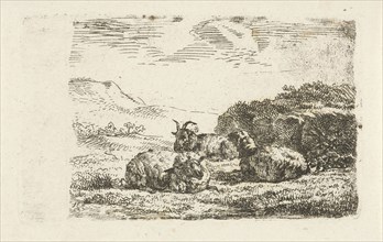 Two sheep and a ram lying next to a hill, Frédéric Théodore Faber, 1805