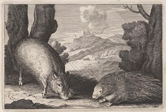 Landscape with wild boar and porcupine, Anonymous, 1623 - 1705