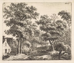Buildings along a forest trail, Anthonie Waterloo, Cornelis Danckerts (II), Josua & Reinier II