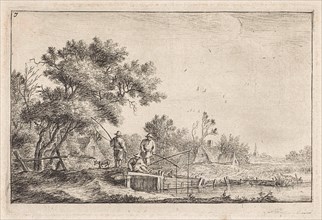 Three fishermen on a bridge, Anthonie Waterloo, Cornelis Danckerts (II), 1630 - 1663