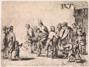 Man tied up on a donkey, print maker: Cornelis de Wael, 1630 - 1648