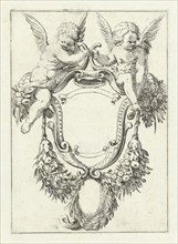 Cartouche with garlands and two seated putti, Agostino Mitelli, print maker: Anonymous, after 1619