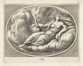 Female personifcatie element of air as the goddess Juno with peacock, Cornelis van Dalen (II), 1648