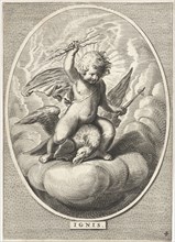 Element fire as a child with lightning bolts on back of eagle, Cornelis van Dalen II, Anonymous,