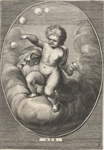 Element air as a child blowing bubbles on cloud, Cornelis van Dalen (II), Anonymous, Abraham van