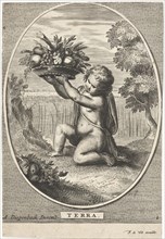 Element earth as a child with bowl of fruit and vegetables for cornfield in oval, Cornelis van