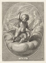 Element fire as a child with lightning bolts on back of eagle, Adriaen Collaert, 1608